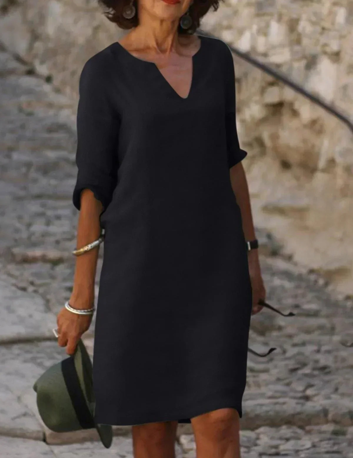 Josette V-neck midi dress in black with three-quarter sleeves
