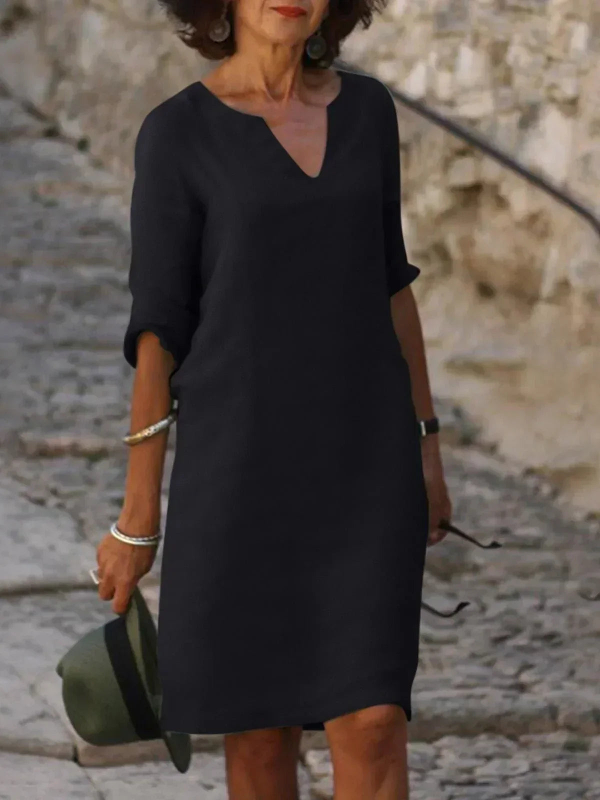 Josette V-neck midi dress in black with three-quarter sleeves