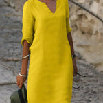 Josette V-neck midi dress in yellow with three-quarter sleeves