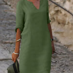 Josette V-neck midi dress in olive green with three-quarter sleeves