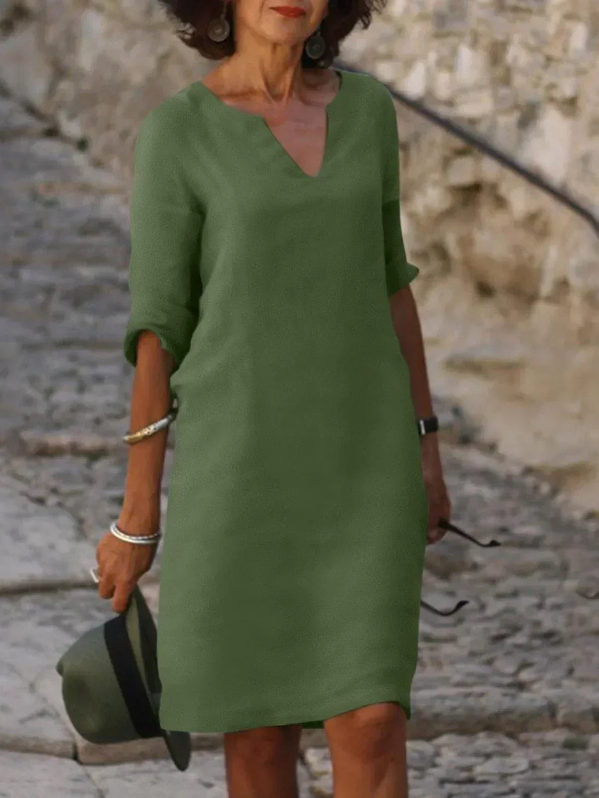 Josette V-neck midi dress in olive green with three-quarter sleeves