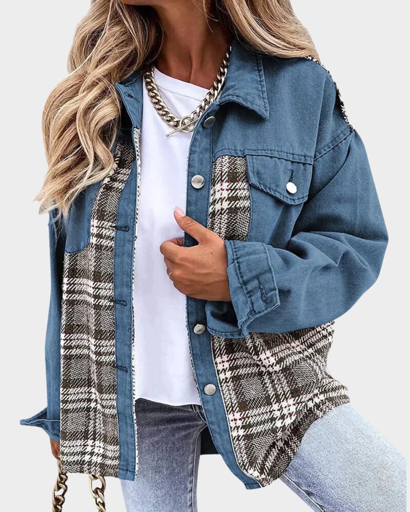 Blue denim jacket with plaid lining, snap-button front, and chest flap pockets