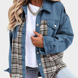 Blue denim jacket with plaid lining, snap-button front, and chest flap pockets