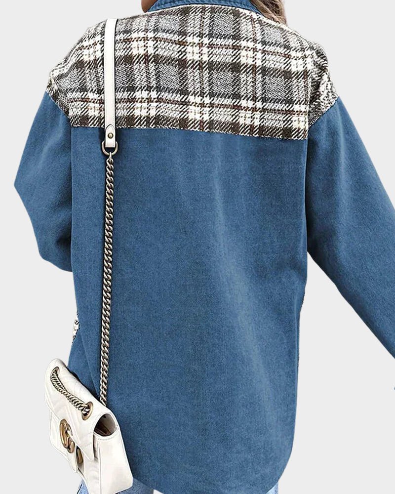 Blue denim jacket back with plaid yoke and front button placket