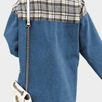 Blue denim jacket back with plaid yoke and front button placket