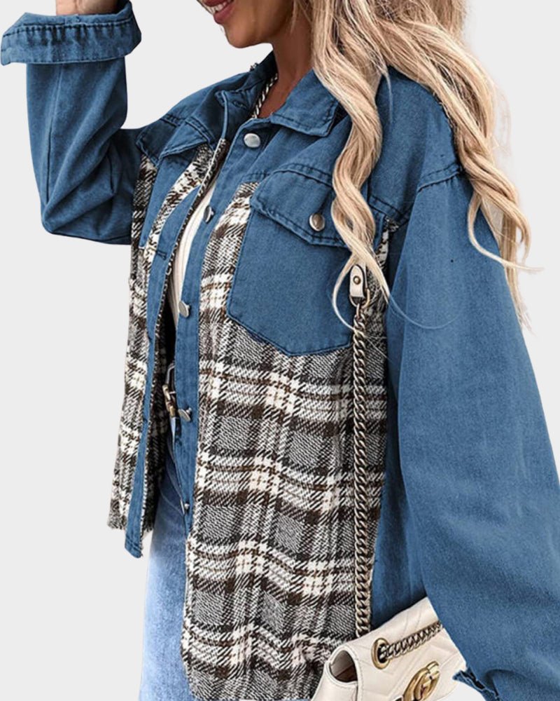 Blue denim jacket with plaid front panel, button closure, and flap chest pocket
