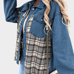 Blue denim jacket with plaid front panel, button closure, and flap chest pocket