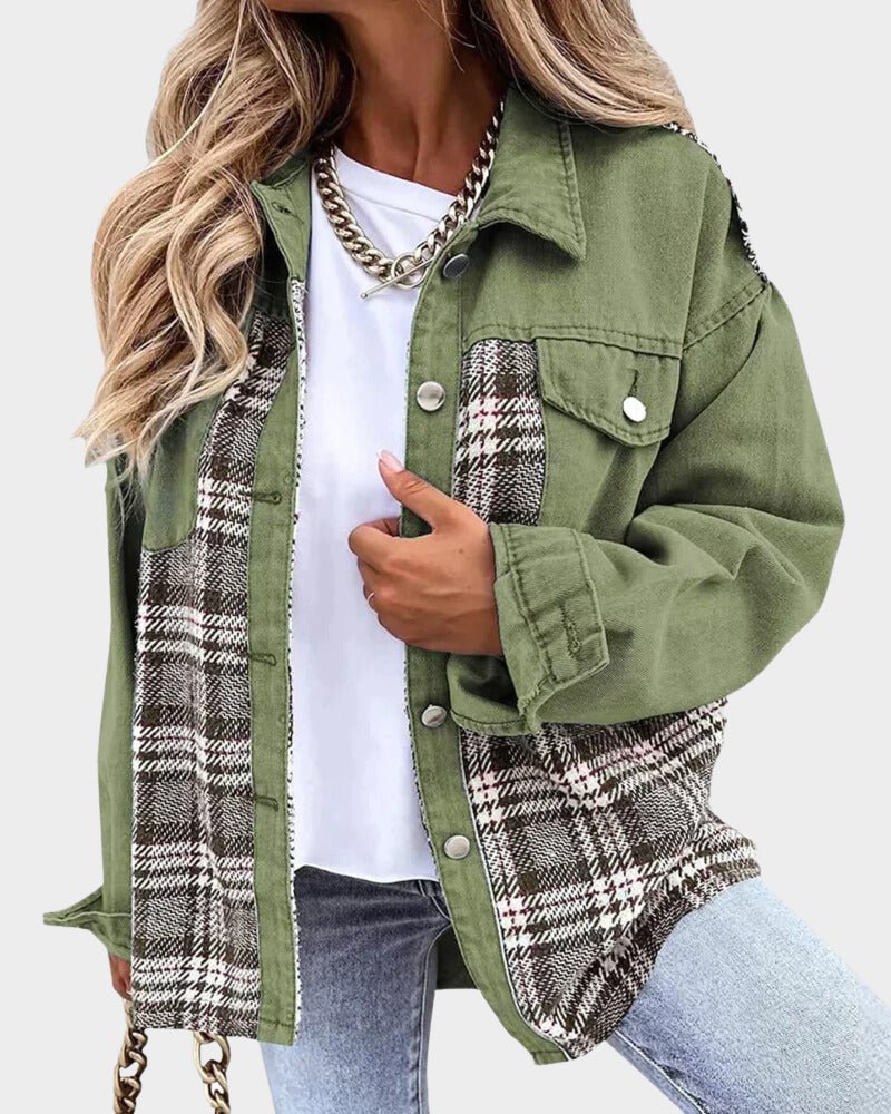 Green denim jacket with plaid lining, button front, and chest flap pockets