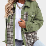 Green denim jacket with plaid lining, button front, and chest flap pockets