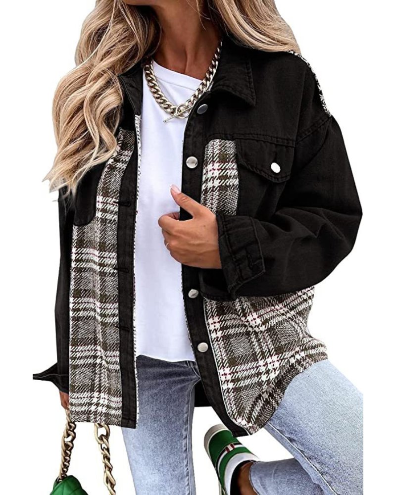 Black denim jacket with plaid lining, button front, and chest flap pockets