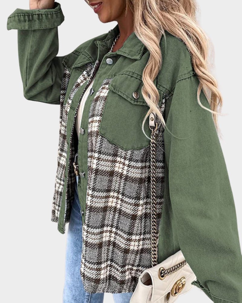 Green denim jacket with plaid front panel, button closure, and flap chest pocket