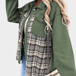 Green denim jacket with plaid front panel, button closure, and flap chest pocket