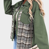 Green denim jacket with plaid front panel, button closure, and flap chest pocket