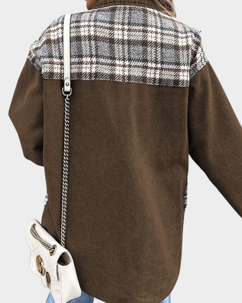 Brown denim jacket back with plaid yoke and front button placket