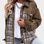 Brown denim jacket with plaid lining, button front, and chest flap pockets