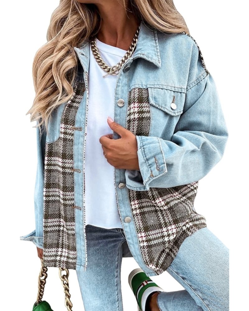 Light blue denim jacket with plaid lining, button front, and chest flap pockets