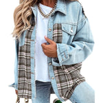 Light blue denim jacket with plaid lining, button front, and chest flap pockets