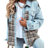 Light blue denim jacket with plaid lining, button front, and chest flap pockets