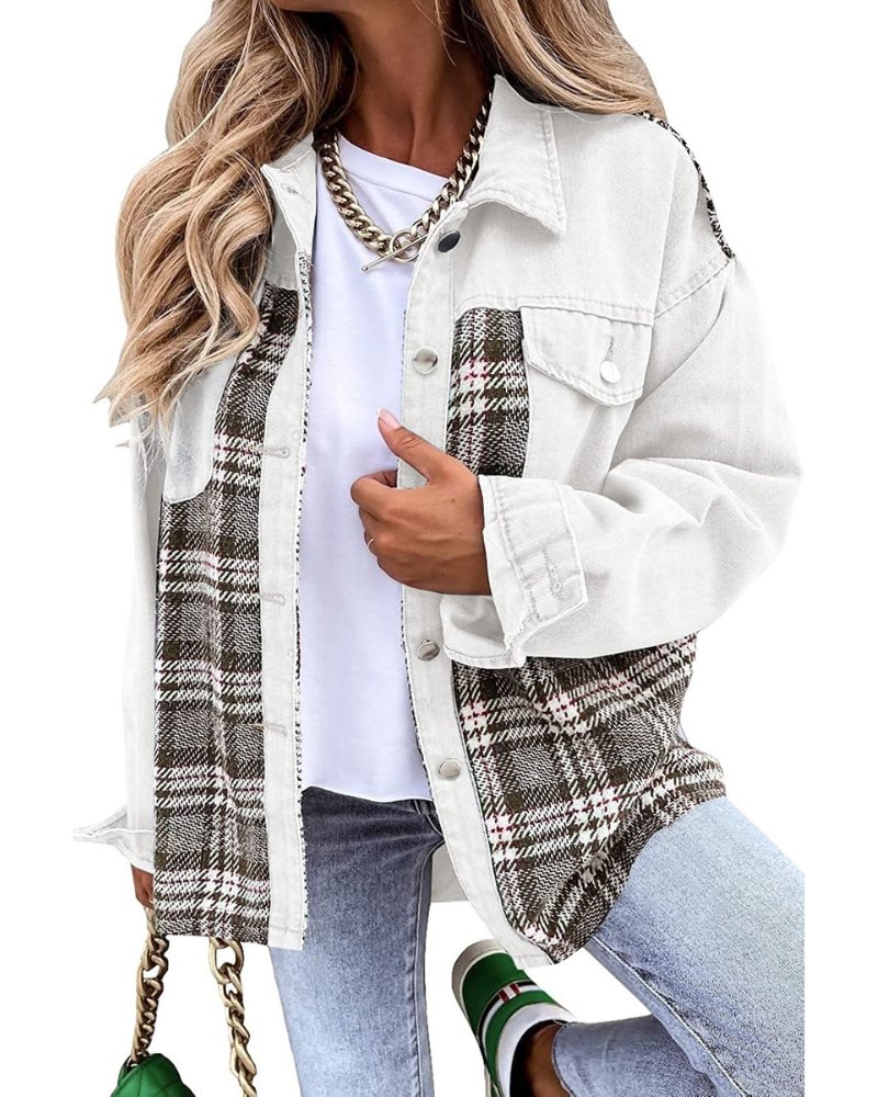 White denim jacket with plaid lining, button front, and chest flap pockets