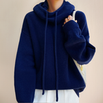 Blue knit rollneck pullover with drawstring cowl neck and ribbed cuffs