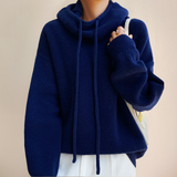 Blue knit rollneck pullover with drawstring cowl neck and ribbed cuffs