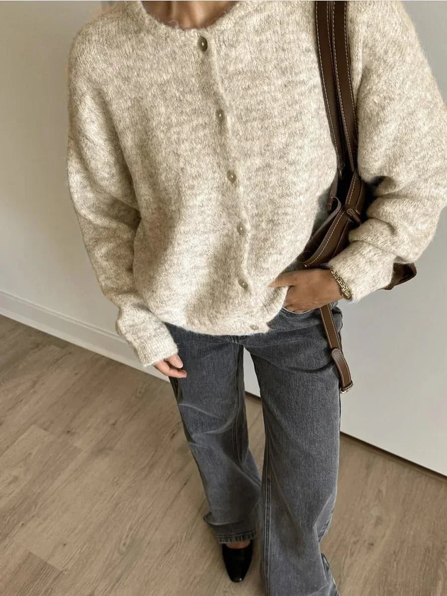 Beige long-sleeve button cardigan with crew neckline and ribbed hem