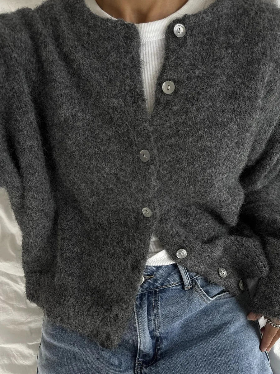 Dark gray long-sleeve cardigan with round neck and button placket