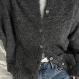 Dark gray long-sleeve cardigan with round neck and button placket