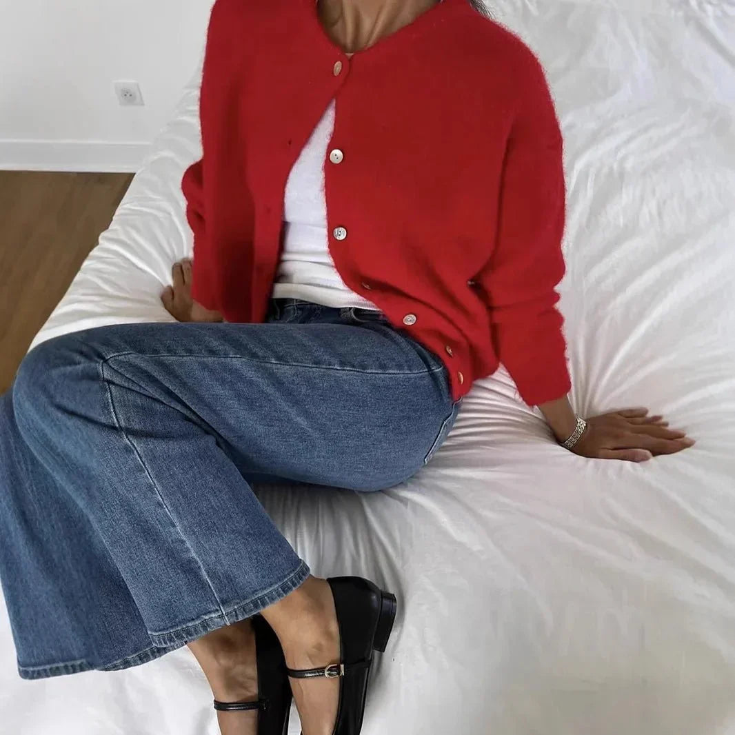 Red long-sleeve button cardigan with round neck and ribbed trim