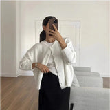 White button-front long-sleeve cardigan with crew neckline