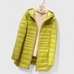 Yellow hooded puffer jacket with full-length zip, quilted insulation, long sleeves