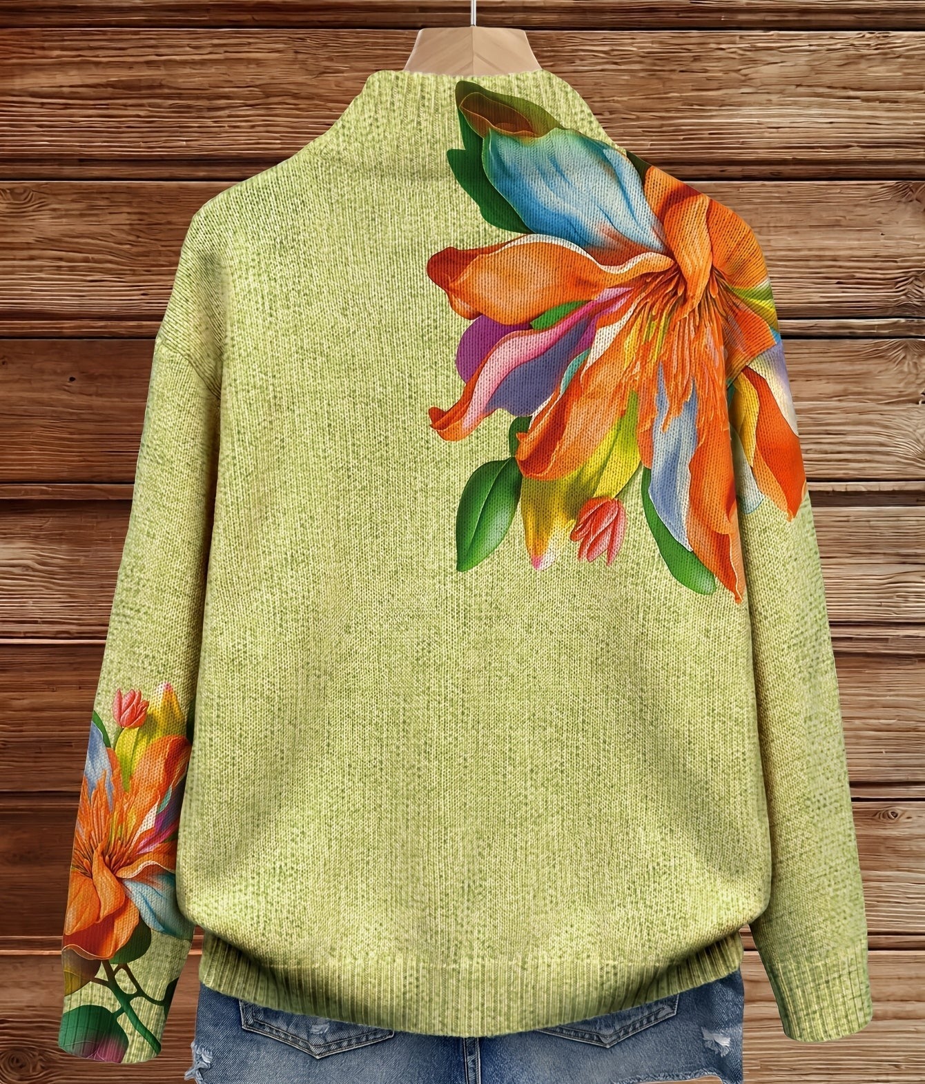 Women’s cardigan, light green knit with tropical lily artwork on shoulder and sleeves
