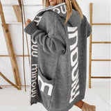 Women’s knit cardigan with hood, dark gray, white letter-style pattern and patch pockets
