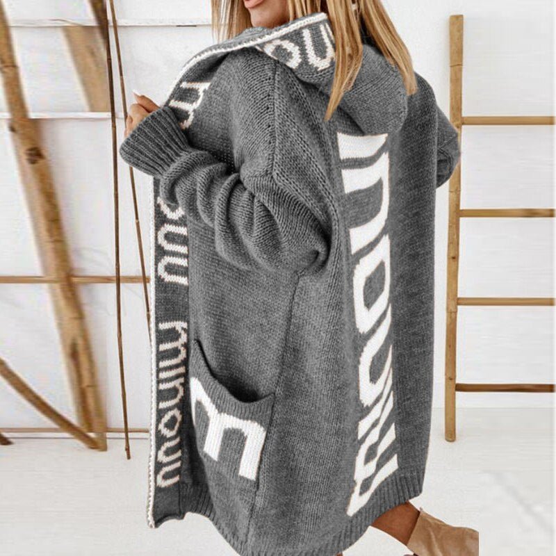 Women’s knit cardigan with hood, dark gray, white letter-style pattern and patch pockets