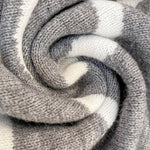 Gray knit cardigan fabric close-up with ribbed texture around hood