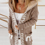 Women’s knit cardigan with hood, beige-brown, open front and striped letter print