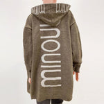 Women’s knit cardigan with hood, dark gray, oversized letter print on back