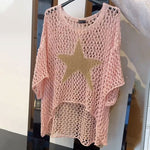 Pink lace-knit style top with gold star patch, loose fit tunic, round crew neckline