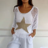 White knit mesh top with star applique on front, three-quarter sleeves, round neckline