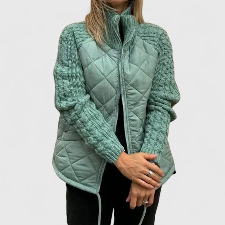 Seafoam quilted jacket with zip front and ribbed knit sleeves