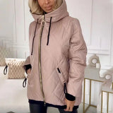 Light pink quilted hooded jacket with full zip, drawstring cords, long sleeves