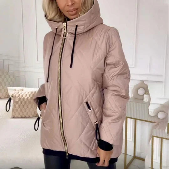 Light pink quilted hooded jacket with full zip, drawstring cords, long sleeves