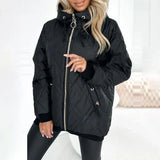 Black quilted hooded jacket with full zipper, drawstring hood, long sleeves, side pockets