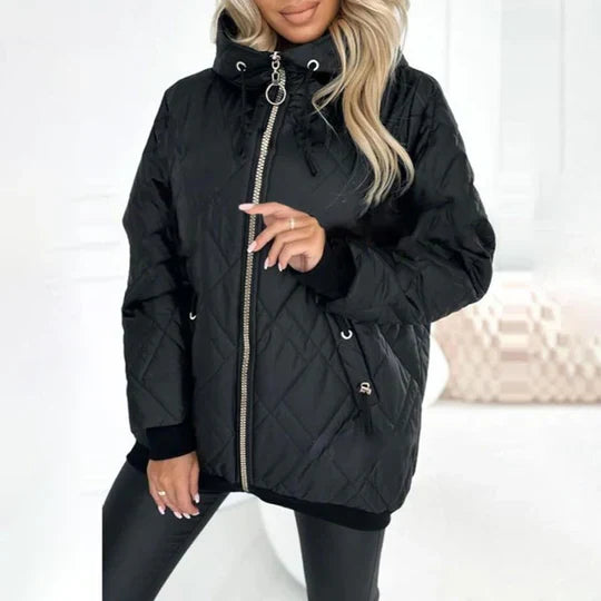 Black quilted hooded jacket with full zipper, drawstring hood, long sleeves, side pockets