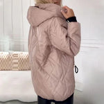 Light pink quilted puffer jacket with hood, front zipper, side pockets and drawstring cuffs
