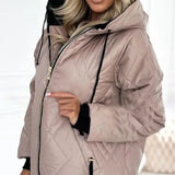Light pink quilted hooded jacket with front zipper and drawstring hood, long sleeves
