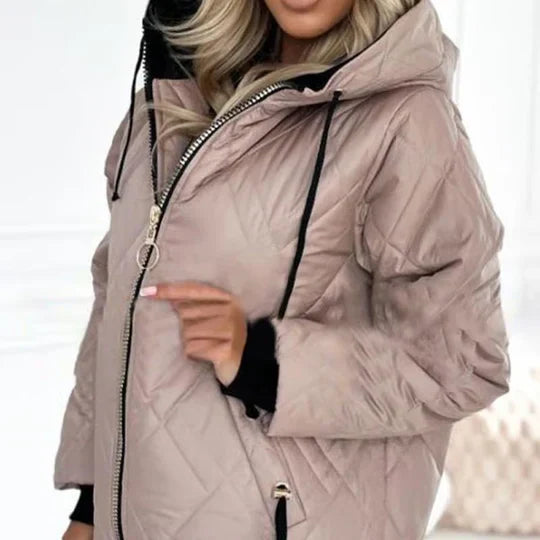 Light pink quilted hooded jacket with front zipper and drawstring hood, long sleeves