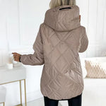 Light pink quilted puffer jacket back view with hood and diamond stitching