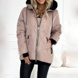 Light pink quilted hooded jacket with front zipper, drawstring hood and side pockets