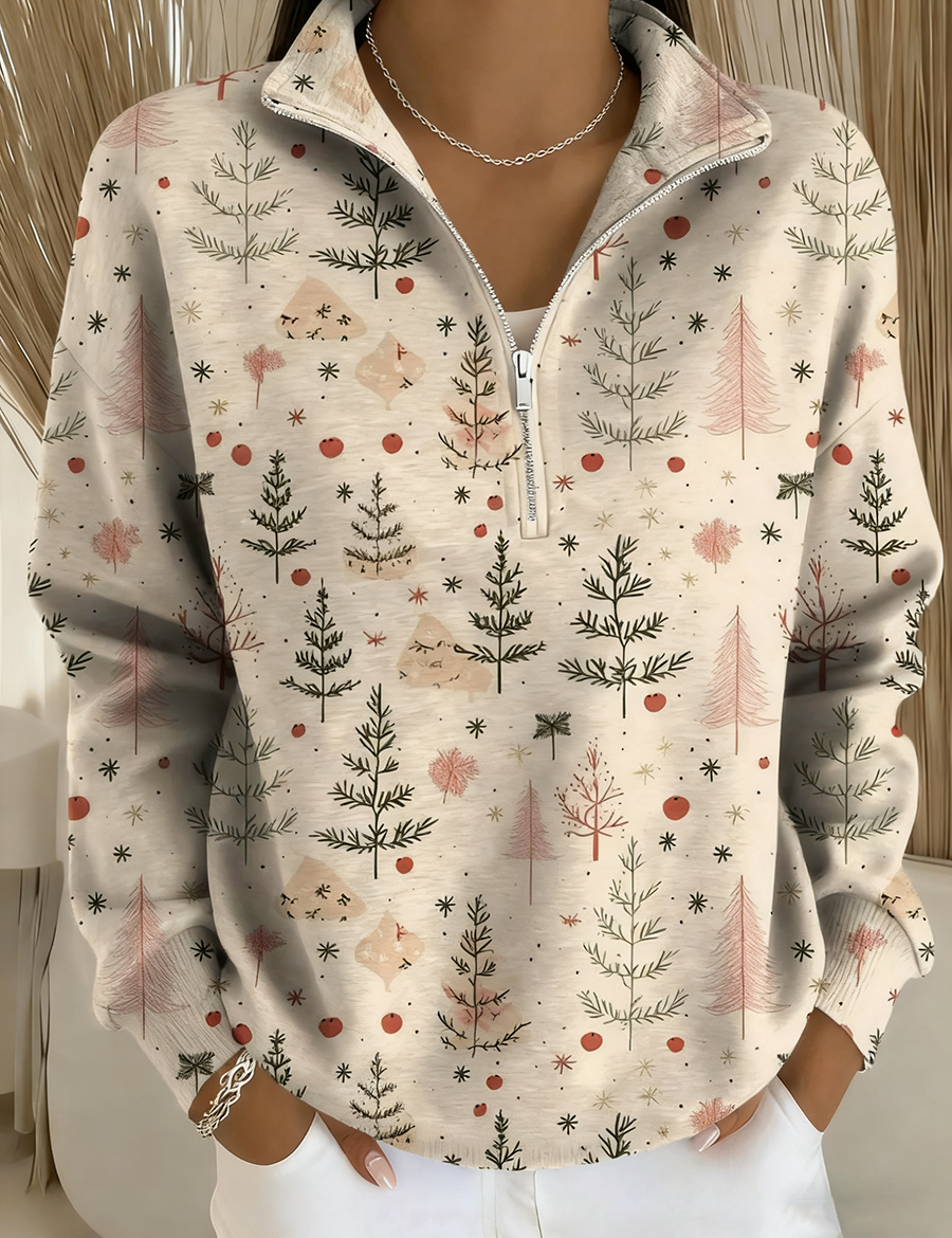 Beige long-sleeve Christmas print henley top with button placket and point collar